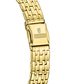 Pulsera de reloj de metal dorado con un diseño trenzado, que presenta un cierre marcado con "Festina". Textura suave y reflectante con un acabado pulido.