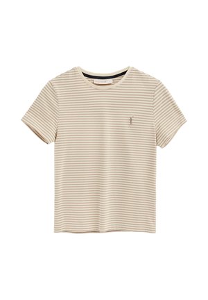 Beige en wit horizontaal gestreept T-shirt met korte mouwen, ronde hals en een klein geborduurd logo op de linkerborst.