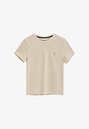 Beige en wit horizontaal gestreept T-shirt met korte mouwen, ronde hals en een klein geborduurd logo op de linkerborst.