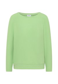 Hellgrünes Langarmshirt aus strukturiertem Stoff. Verfügt über einen Rundhalsausschnitt, gerippte Bündchen und einen geraden Saum. Markenetikett sichtbar.