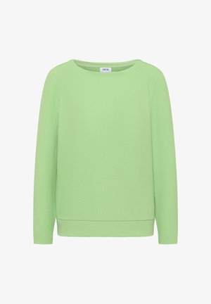 Vaaleanvihreä, pitkähihainen yläosa, joka on tehty teksturoidusta kankaasta. Siinä on pyöreä pääntie, resorit hihansuissa ja suora helmassa. Brändäysmerkki näkyvissä.