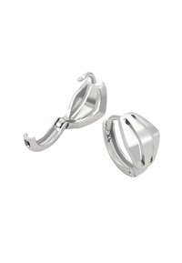 Sølvmetal øreringe med et geometrisk design, der fremviser en blanding af glatte og teksturerede overflader samt åbne og hoops former.