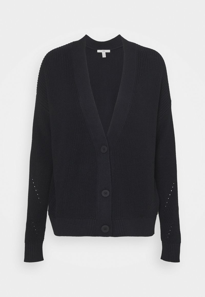 Cardigan noir en tricot avec manches longues, col en V profond, poignets et ourlet côtelés, et trois boutons sur le devant.