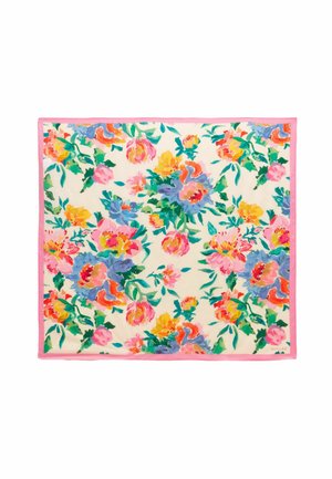 Firkantet tørklæde med lyserød kant, der har et levende blomsterprint i pink, gul, blå, orange og grøn på en cremefarvet baggrund.