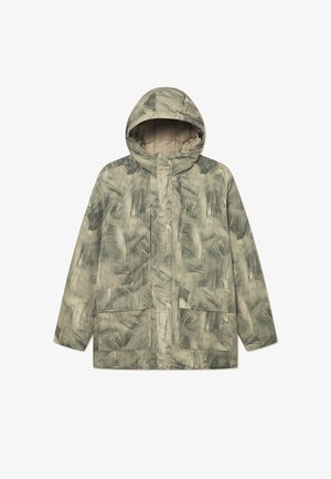 Leichte, gemusterte Jacke in gedämpften Grüntönen. Mit Kapuze, Druckknopfverschluss vorne und zwei großen Vordertaschen. Weicher Textur.