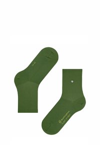 Zielone bawełniane skarpetki z prążkowanym wzorem. Posiadają logo blisko mankietu oraz dekoracyjny detal w postaci guzika. Standardowa długość do kostki.