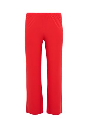 Pantalon rouge à jambes larges avec ceinture élastique, en tissu lisse, présenté sur un fond blanc.