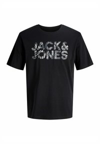 Sort bomuld t-shirt med korte ærmer og rund hals, med et grafisk "JACK & JONES" print i et tekstureret mønster.