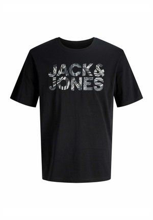 Tricou negru din bumbac, cu mâneci scurte și guler rotund, având un imprimeu grafic „JACK & JONES” într-un model texturat.