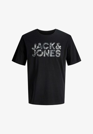 Melna kokvilnas T-krekls ar īsām piedurknēm un apaļu apkakli, ar grafisku "JACK & JONES" rakstu teksturētā rakstā.
