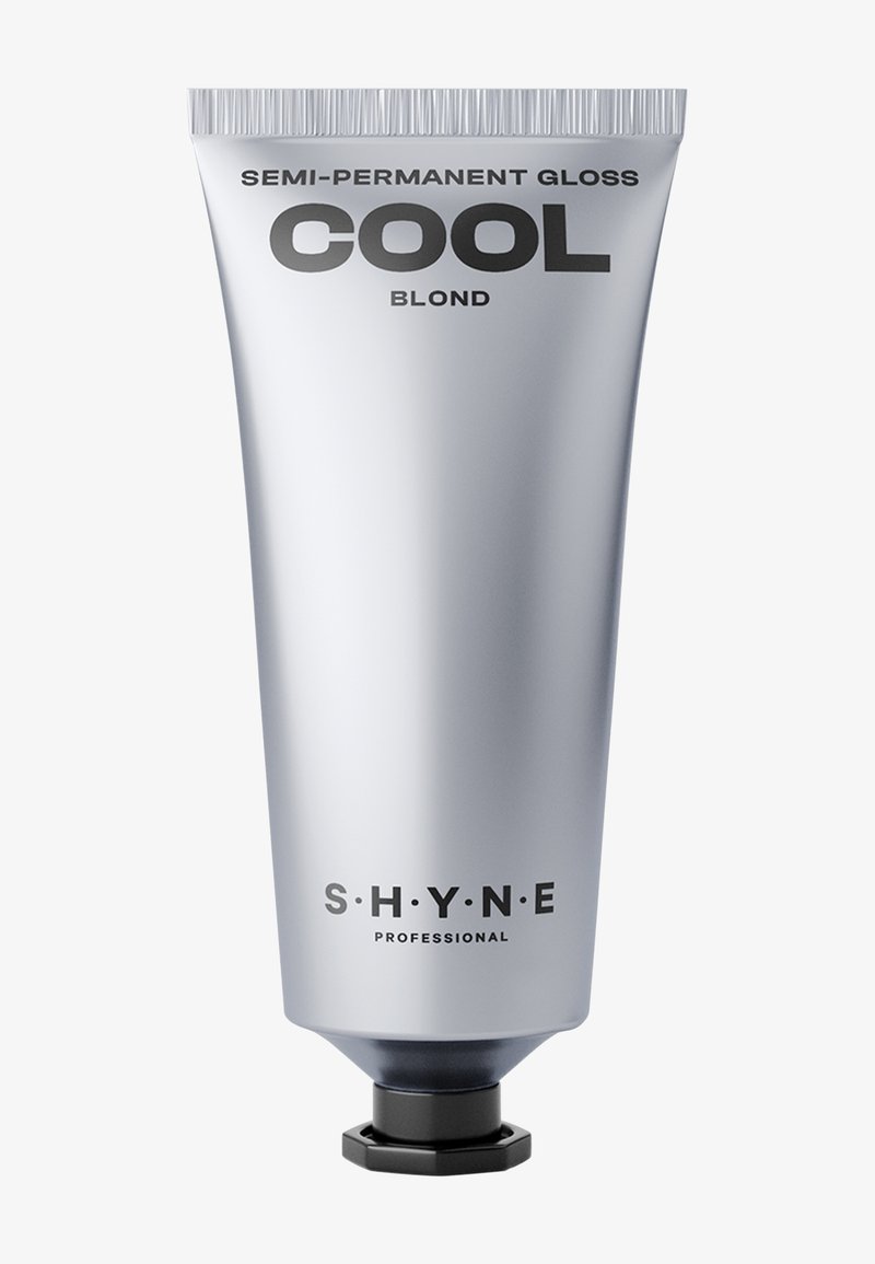 Tube de couleur de cheveux gloss semi-permanente, tube argenté avec texte noir, inclut "COOL BLOND", bouchon hexagonal noir à la base.