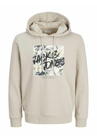Beige hættetrøje med et frontmotiv, der viser blomster- og bladmønstre, sort tekst og snøre. Blødt bomuldsblandingsmateriale, ribbede manchetter.