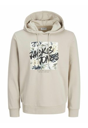 Sudadera beige con un gráfico frontal que presenta patrones de flores y hojas, texto en negro y un cordón en la capucha. Material de mezcla de algodón suave, puños acanalados.