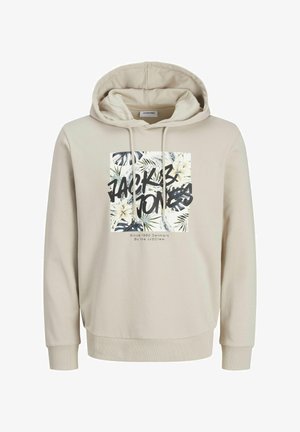 Sudadera beige con un gráfico frontal que presenta patrones de flores y hojas, texto en negro y un cordón en la capucha. Material de mezcla de algodón suave, puños acanalados.