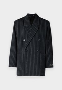Double-breasted black pinstripe blazer featuring a notched collar, two front pockets, and large buttons with a textured finish.