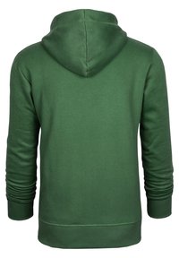 Grüne Kapuzenjacke mit weicher Textur, ausgestattet mit einer Kordelzugkapuze, gerippten Bündchen und Saum. Glatte Oberfläche, einfaches Design ohne sichtbare Logos.