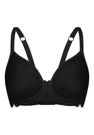 Reggiseno imbottito nero con pizzo alla base. Presenta spalline regolabili e una finitura in tessuto liscio. Al centro ha un dettaglio a fiocco decorativo.