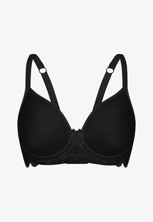 Schwarzer gepolsterter BH mit Spitzenrand am Saum. Verfügt über verstellbare Träger und eine glatte Stoffoberfläche. In der Mitte hat er ein dekoratives Schleifendetail.