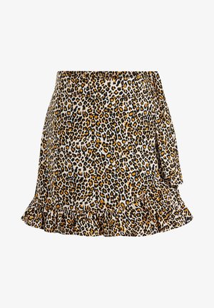 Slå-om nederdel med leopardprint, flæsekant og sidetie i nuancer af brun, sort og hvid.