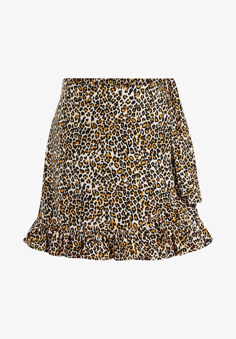 Slå-om nederdel med leopardprint, flæsekant og sidetie i nuancer af brun, sort og hvid.