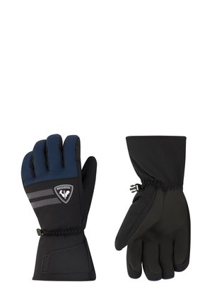 Czarno-granatowe rękawice narciarskie z wodoodporną powłoką, elastycznymi mankietami i logo. Posiadają wyściełane palce i chwytne dłonie.