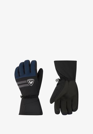 Czarno-granatowe rękawice narciarskie z wodoodporną powłoką, elastycznymi mankietami i logo. Posiadają wyściełane palce i chwytne dłonie.
