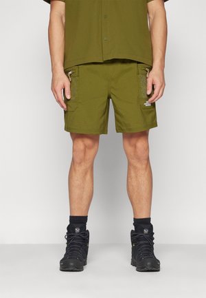 Homme portant un short vert olive avec des poches latérales zippées, des chaussures de randonnée noires et une chemise boutonnée assortie vert olive, debout devant un fond blanc.