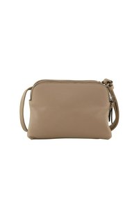 Borsa a tracolla in pelle marrone con superficie texturizzata, chiusura a zip e una piccola tracolla. Forma rettangolare compatta con angoli arrotondati.