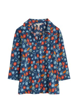 Navy blue collared blouse with a floral pattern featuring red flowers, green leaves, and orange accents. Made of a soft, textured fabric.