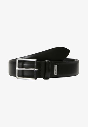 Black leather belt with a smooth texture, featuring a silver metal buckle and a small brand tag. Ends taper to a rounded shape.