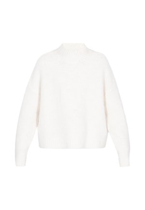 Weißer gestrickter Pullover mit hohem Kragen, fallenden Schultern, langen Ärmeln und einem lockeren Schnitt. Die Textur wirkt weich und locker gewoben.