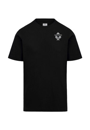 Maglietta nera a maniche corte con piccoli racchette da tennis incrociate bianche e scritta "Kappa Tennis Club" sul lato sinistro del petto.