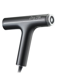 Handheld Dampfbügeleisen in mattschwarzer Ausführung, mit T-Form, silbernem Akzentstreifen und rundem Dampfauslass. Kompaktes Design.