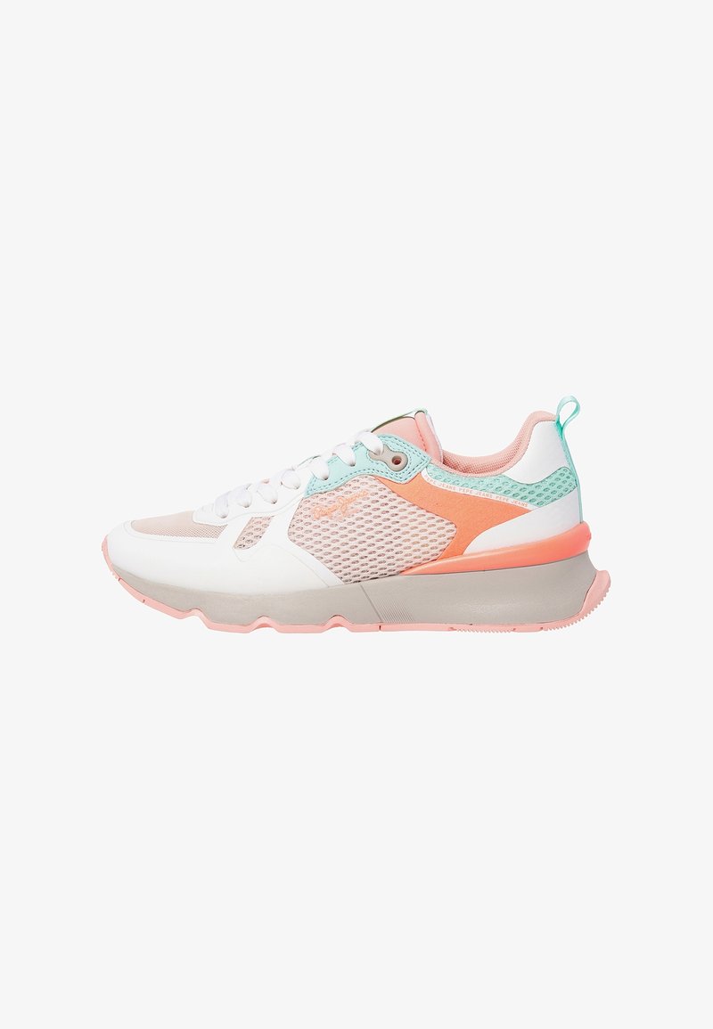 Lightweight sneaker with a mesh upper featuring shades of white, peach, and mint. Accented sole, contrasting textures, and a lace closure.