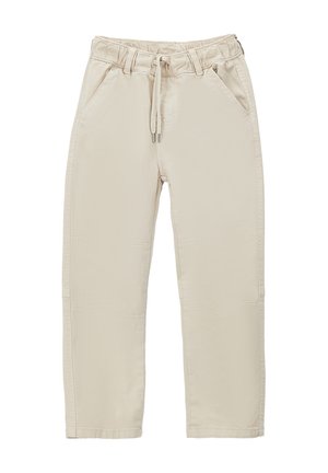 Pantaloni casual beige con vita elastica, coulisse, tasche frontali e vestibilità rilassata a gamba dritta.