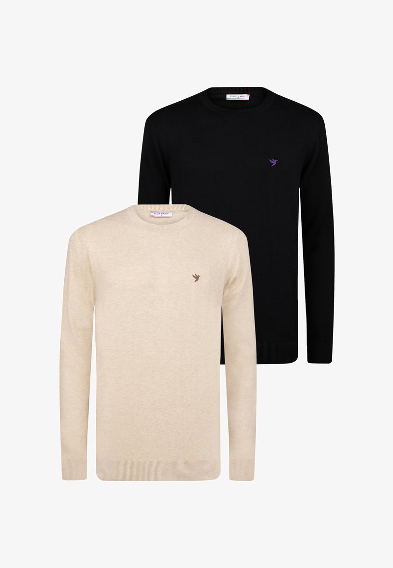 Twee sweatshirts met lange mouwen: de ene is beige met een klein bruin vogellogo, de andere is zwart met een paars vogellogo, beide met ronde halslijnen.