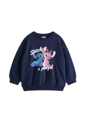 Marineblaue Sweatshirt mit langen Ärmeln, die die Cartoonfiguren Stitch in Blau und Angel in Pink mit dem Text "Stitch & Angel" auf der Vorderseite zeigt.