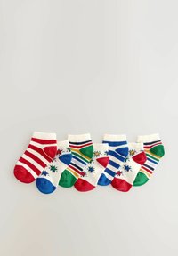 Set aus sechs Babysocken: rot-weiß gestreift, grün mit Sternen, blau mit Streifen, rote Akzente. Hergestellt aus weichem Stoff mit elastischen Bündchen.