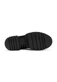 Black rubber shoe sole with ridged texture, oval toe, and segmented pattern for grip. Flat surface design with deep grooves for traction.