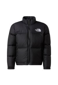 Sort puffjakke med høy krage og glidelåslukking. Har en strukturert utside, elastiske mansjetter og lommer på sidene.