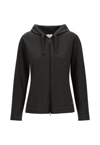 Felpa nera con zip, cappuccio regolabile, maniche lunghe, texture liscia e tasche frontali. Presenta una zip argentata e un logo discreto.