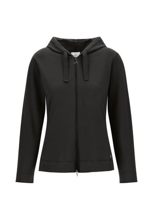 Sort zip-hoodie med snøre i hætten, lange ærmer, glat tekstur og forlommer. Har en sølvfarvet lynlås og et diskret logo.