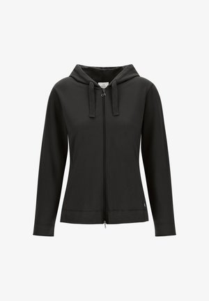 Schwarze Zip-Hoodie mit einer Kapuze mit Kordelzug, langen Ärmeln, glatter Textur und Fronttaschen. Mit silbernem Reißverschluss und dezentem Logo.
