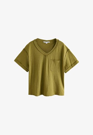 Olive green v-neck t-shirt made of soft fabric with short rolled sleeves and a breast pocket. Casual, relaxed fit with a textured surface.