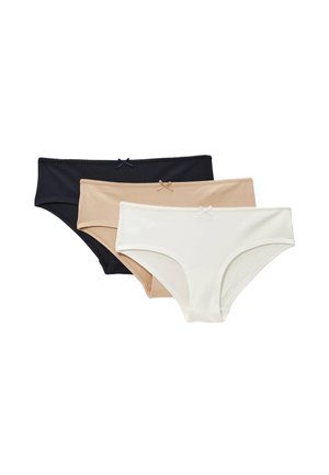 Trois culottes hipster pour femmes en noir, beige et blanc, chacune avec un petit nœud à l'avant de la ceinture.