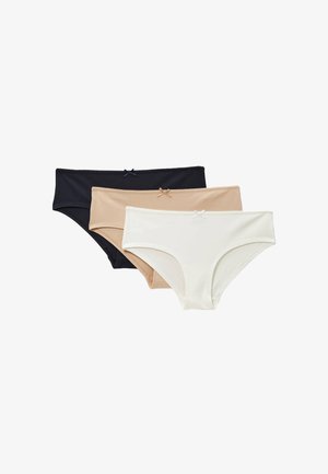 Trois culottes hipster pour femmes en noir, beige et blanc, chacune avec un petit nœud à l'avant de la ceinture.