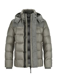 Puffjacke in Olivgrün mit grauen Fleeceakzenten, ausgestattet mit Kapuze, Druckknöpfen, Reißverschluss vorne und gerippten Bündchen. Strukturiertes Material sichtbar.