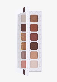Palette di ombretti in confezione bianca con otto tonalità, caratterizzata da un mix di finiture opache e shimmer in colori neutri e caldi.