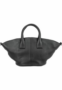 Zwarte leren tote bag met twee korte handvatten, een uitbreidbare vorm en een minimalistisch ontwerp met een reliëflogo aan één kant.