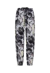 Czarno-białe spodnie w kwiatowy wzór z wiązanym paskiem w pasie, wyposażone w elastyczne mankiety i lekką, przewiewną tkaninę.